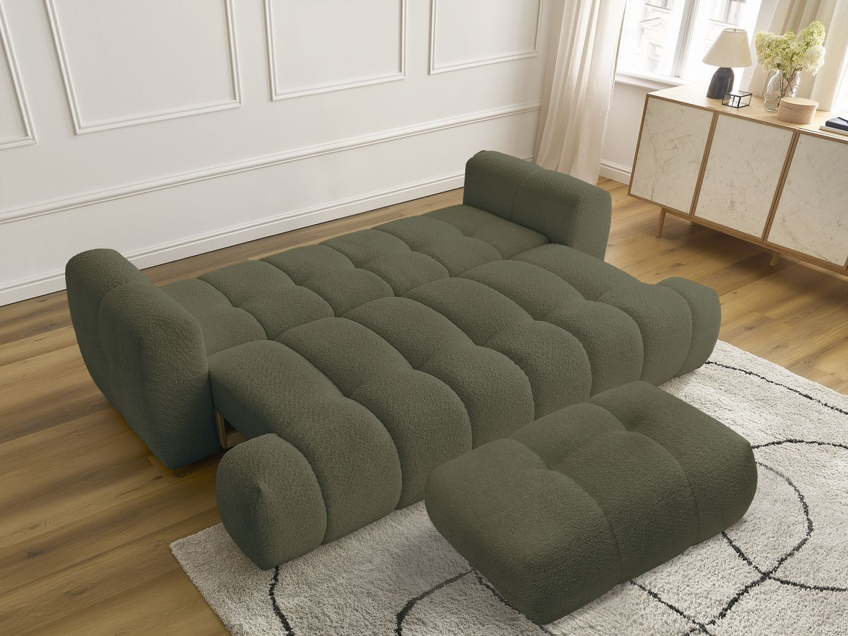 Bobochic Fuji Schlafsofa 3-Sitzer mit Bettkasten und Pouf Bouclé-Stoff Grün