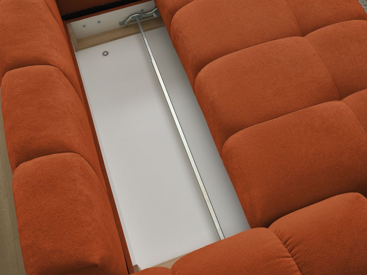 Bobochic Everest Ecksofa mit Schlaffunktion und Bettkasten 320 × 212 cm, 10 Kissen Strukturstoff Orange Ecke rechts