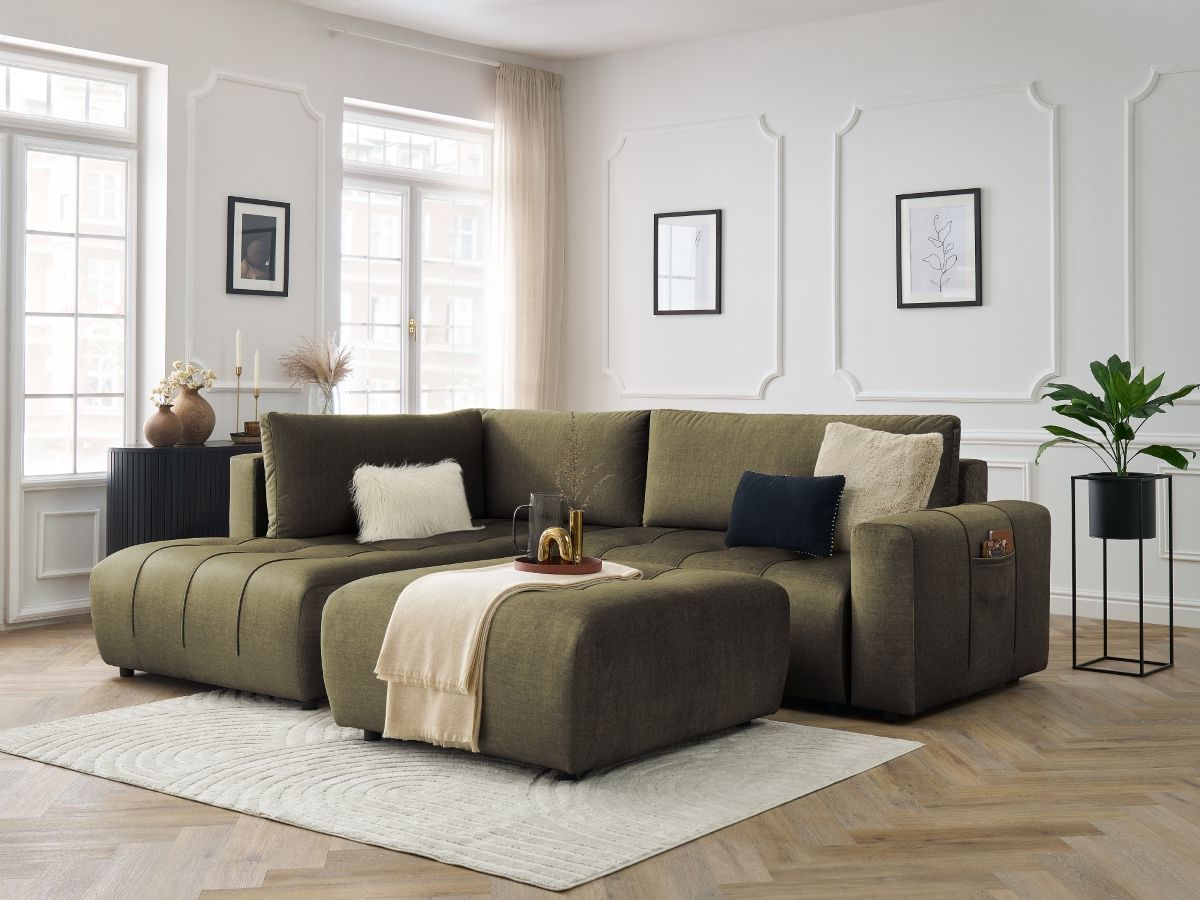 Bobochic Arsene Ecksofa mit Schlaffunktion und Bettkasten und Pouf 277 × 200 cm Samt Grün Ecke links