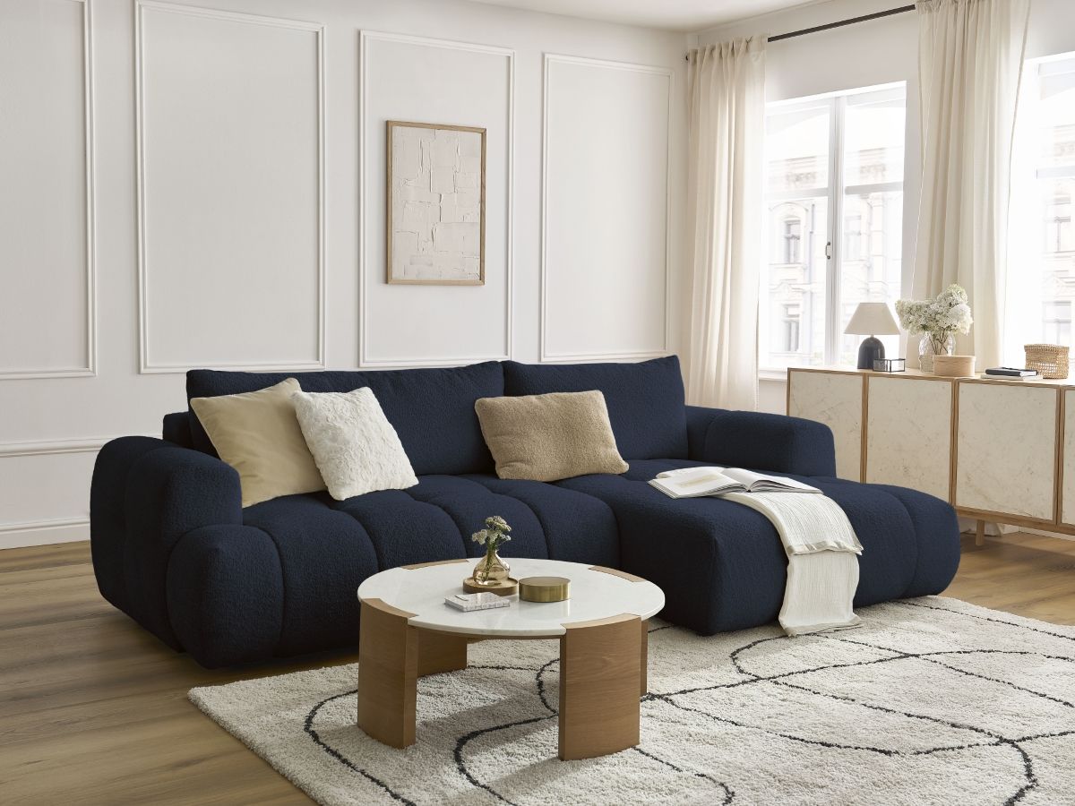Bobochic Fuji Ecksofa mit Schlaffunktion und Bettkasten 292 × 160 cm Bouclé-Stoff Dunkelblau Ecke rechts
