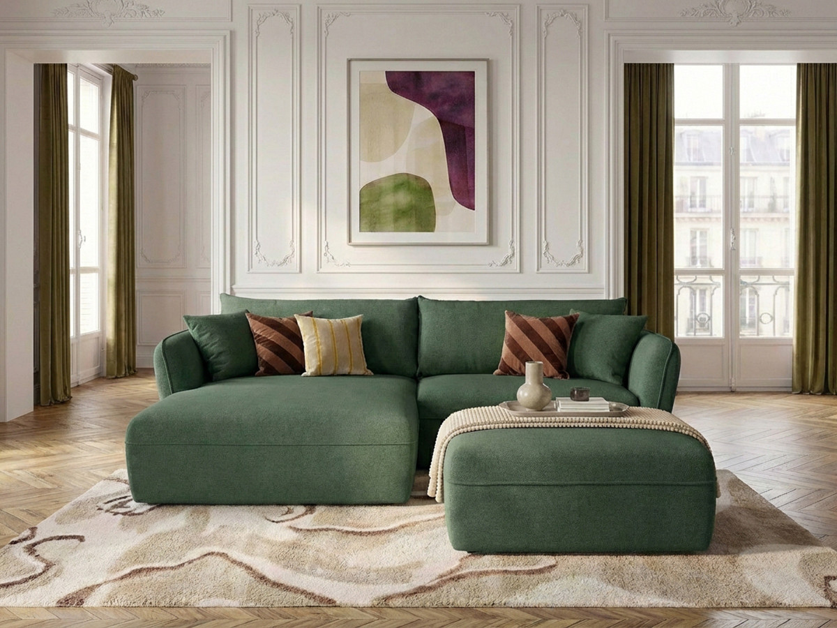 Bobochic Luigi Ecksofa mit Pouf Strukturstoff Grün Ecke links