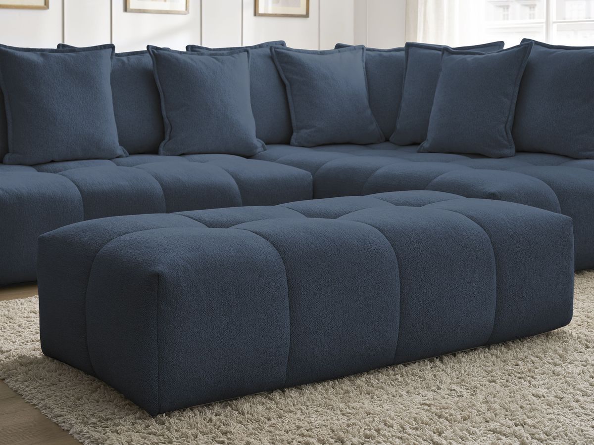 Bobochic Everest Ecksofa mit Schlaffunktion und Bettkasten und Pouf 320 × 212 cm, 10 Kissen Melange-Stoff Dunkelblau Ecke rechts
