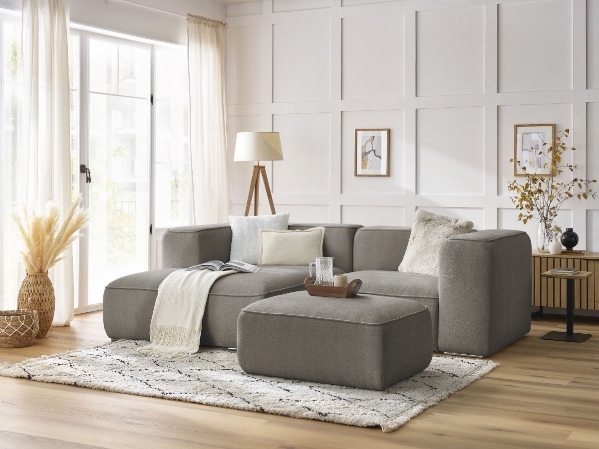 Bobochic Zephyr Ecksofa mit Pouf 260 × 165 cm Strukturstoff Taupe Ecke links