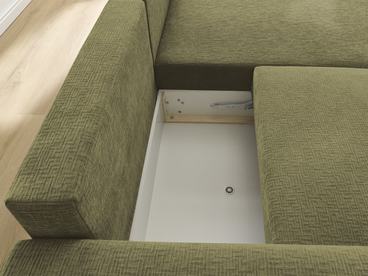 Bobochic Atilla Ecksofa mit Schlaffunktion und Bettkasten Strukturstoff Grün Ecke rechts