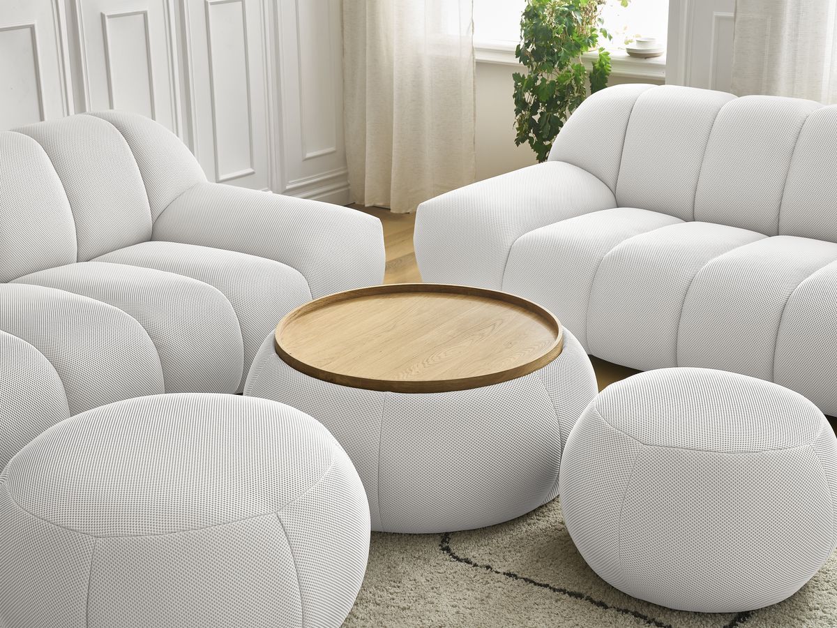 Bobochic Hayden Sofa-Set 3- und 2-Sitzer mit 3 Poufs Mesh-Stoff Weiß