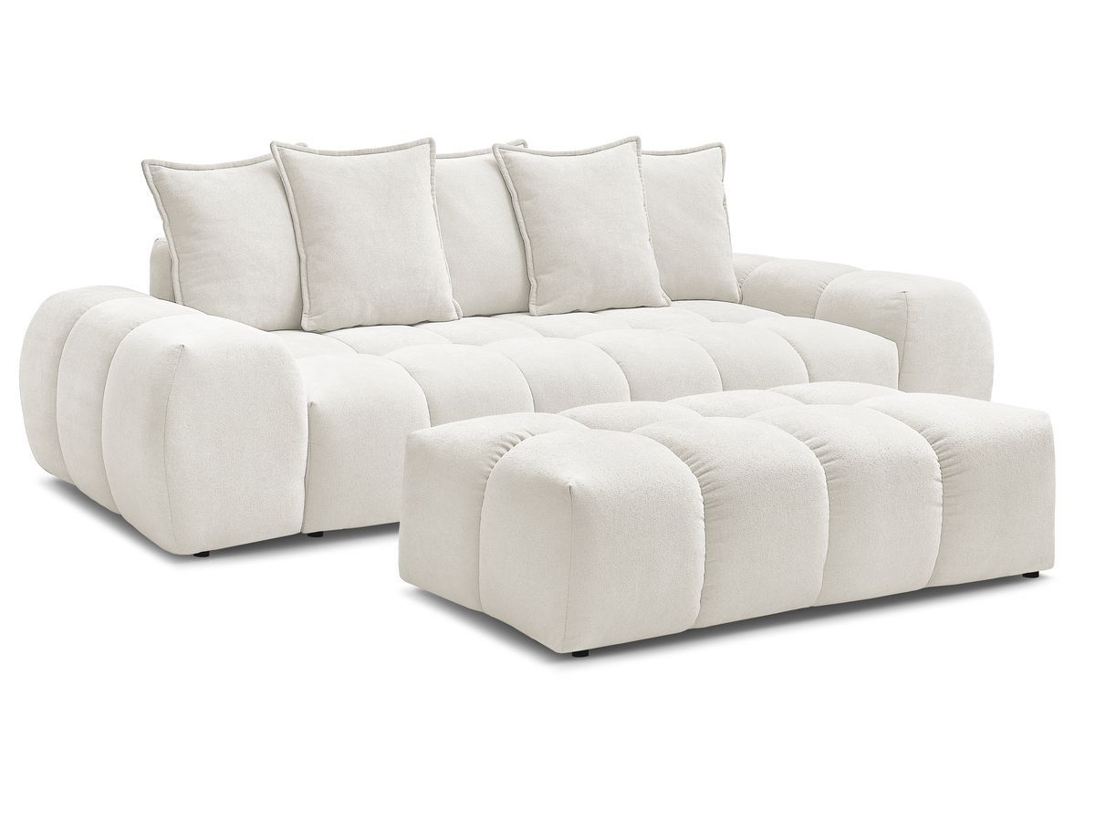 Bobochic Everest Sofa 3-Sitzer mit Pouf, 5 Kissen Strukturstoff Weiß