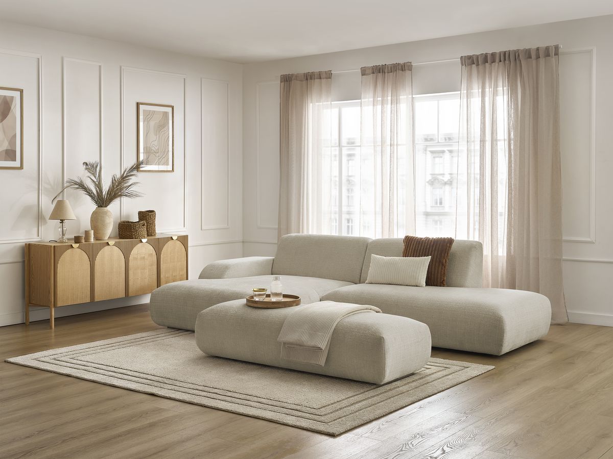 Bobochic Sirius Ecksofa mit Pouf 300 × 170 cm Strukturstoff Beige Ecke links