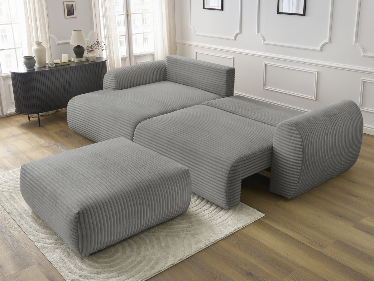 Bobochic Lucien Ecksofa mit Schlaffunktion und Bettkasten und Pouf 314 × 167 cm Breitcord weich Dunkelgrau Ecke links