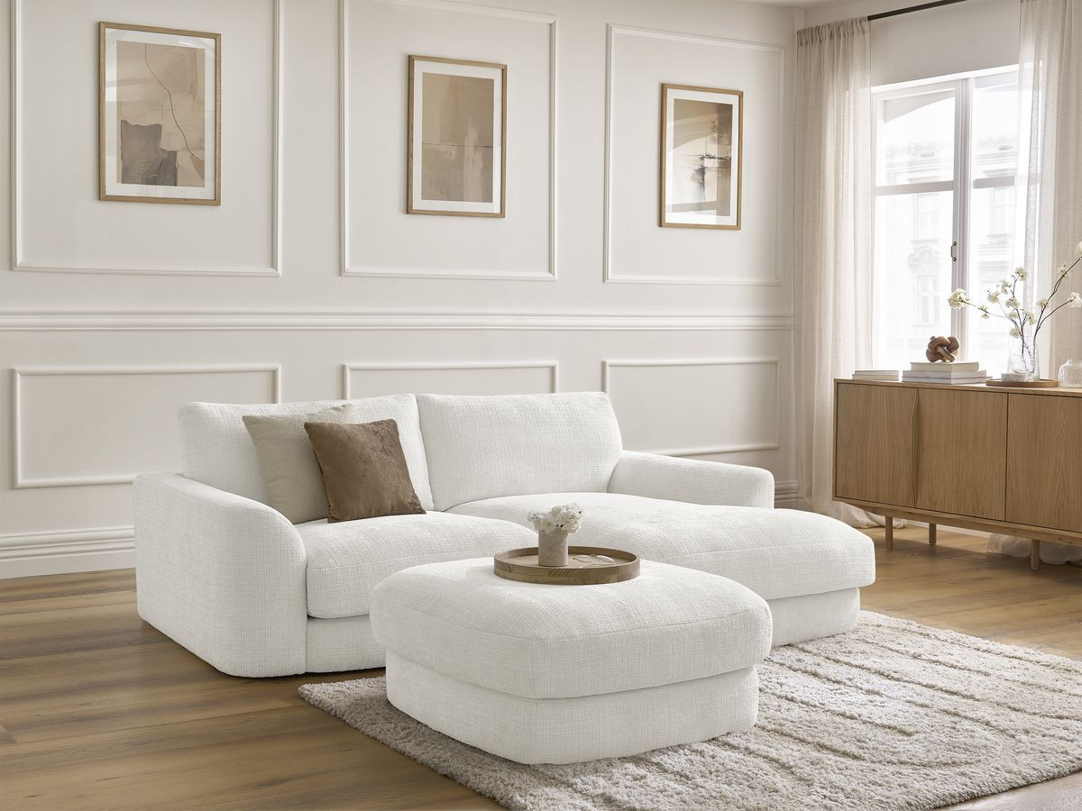 Bobochic Leonore Ecksofa mit Pouf Strukturstoff Weiß Ecke rechts