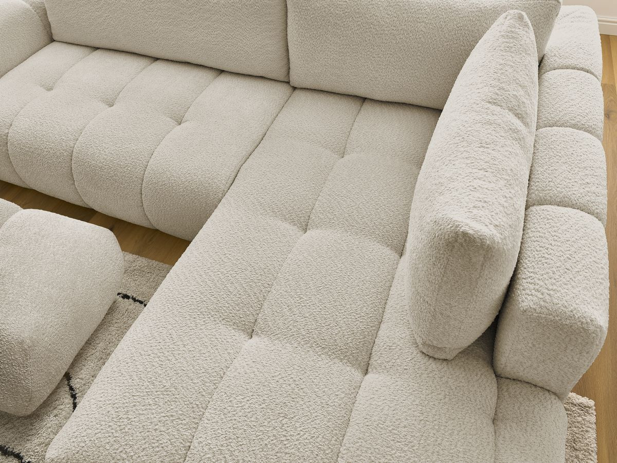Bobochic Fuji Ecksofa mit Schlaffunktion und Bettkasten und Pouf 282 × 204 cm Bouclé-Stoff Beige Ecke rechts