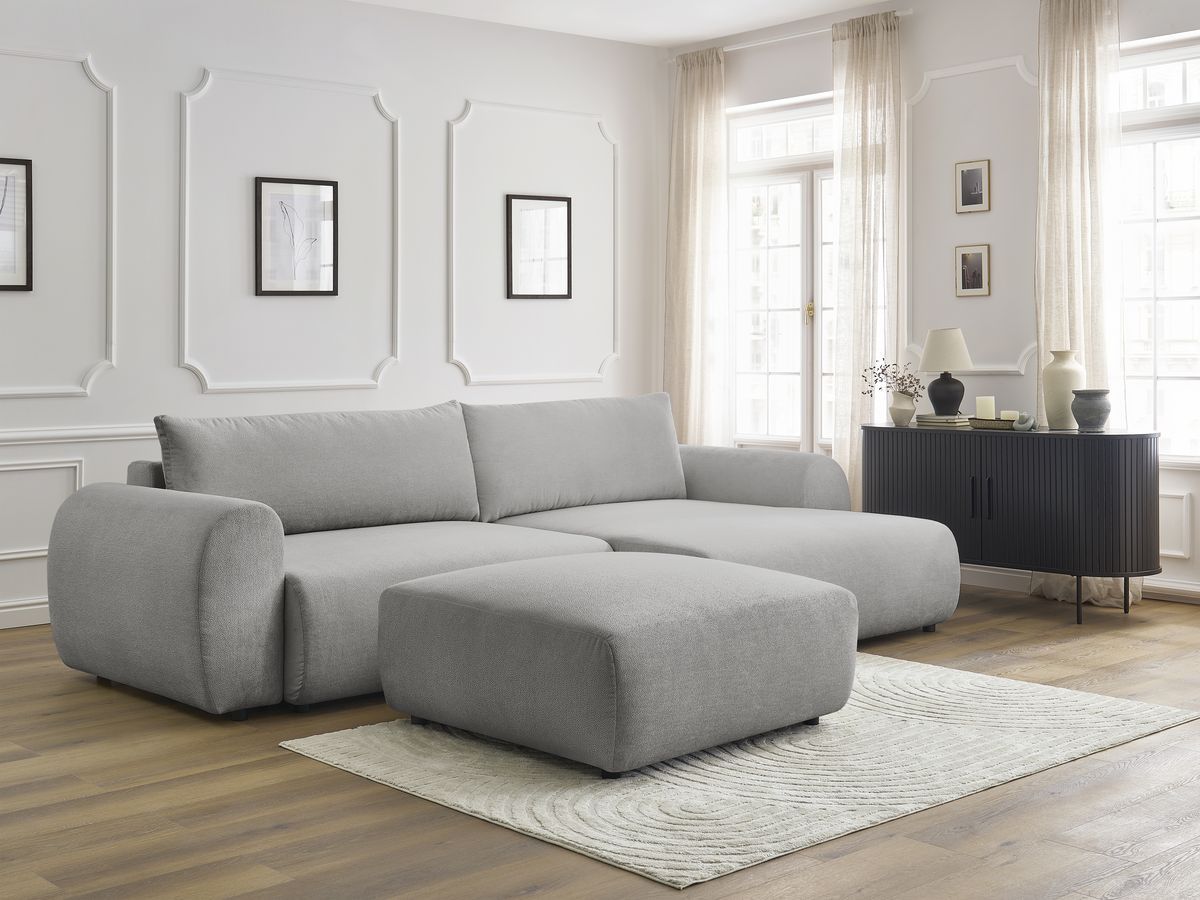 Bobochic Lucien Ecksofa mit Schlaffunktion und Bettkasten und Pouf 314 × 167 cm Stoff Hellgrau Ecke rechts