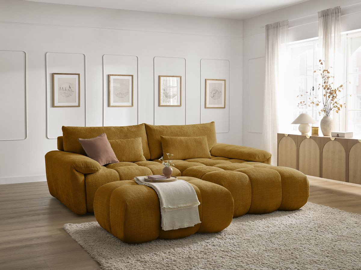 Bobochic Ivane Ecksofa mit Pouf Strukturstoff Gelb Ecke rechts