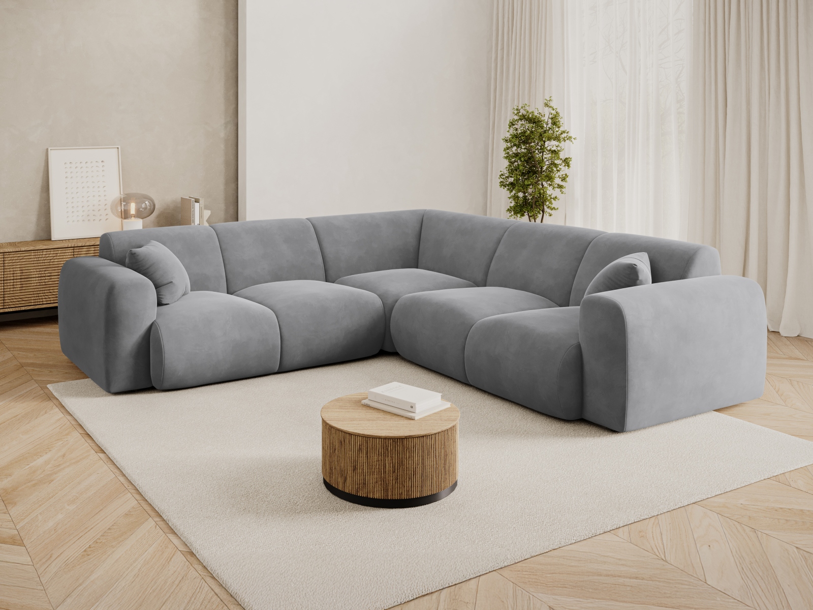 Cosmopolitan Design Symmetrisches Ecksofa Nolio 5-Sitzer Samt Casino Hellgrau