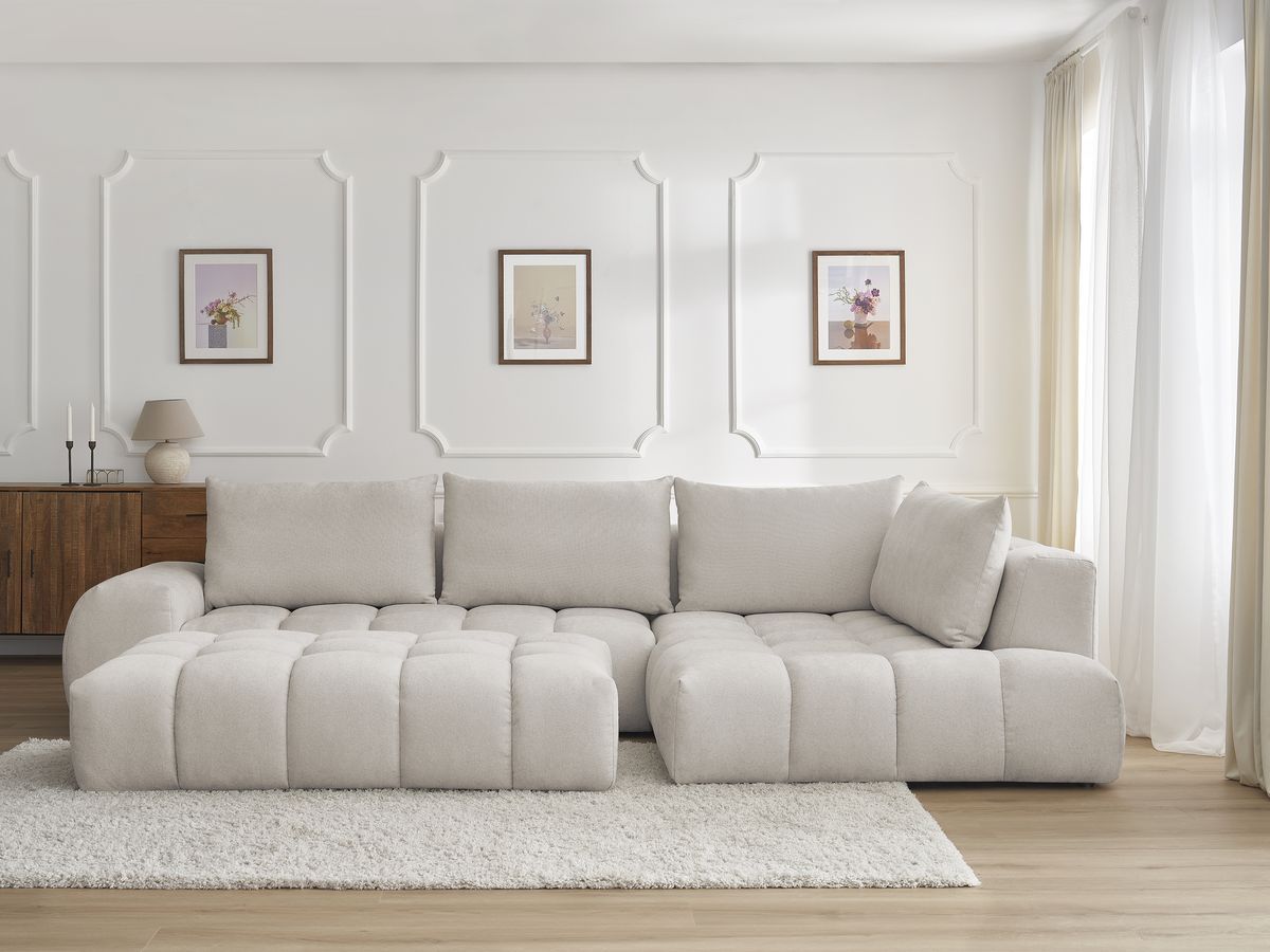 Bobochic Everest Ecksofa mit Schlaffunktion und Pouf, 4 Kissen Strukturstoff Beige Ecke rechts