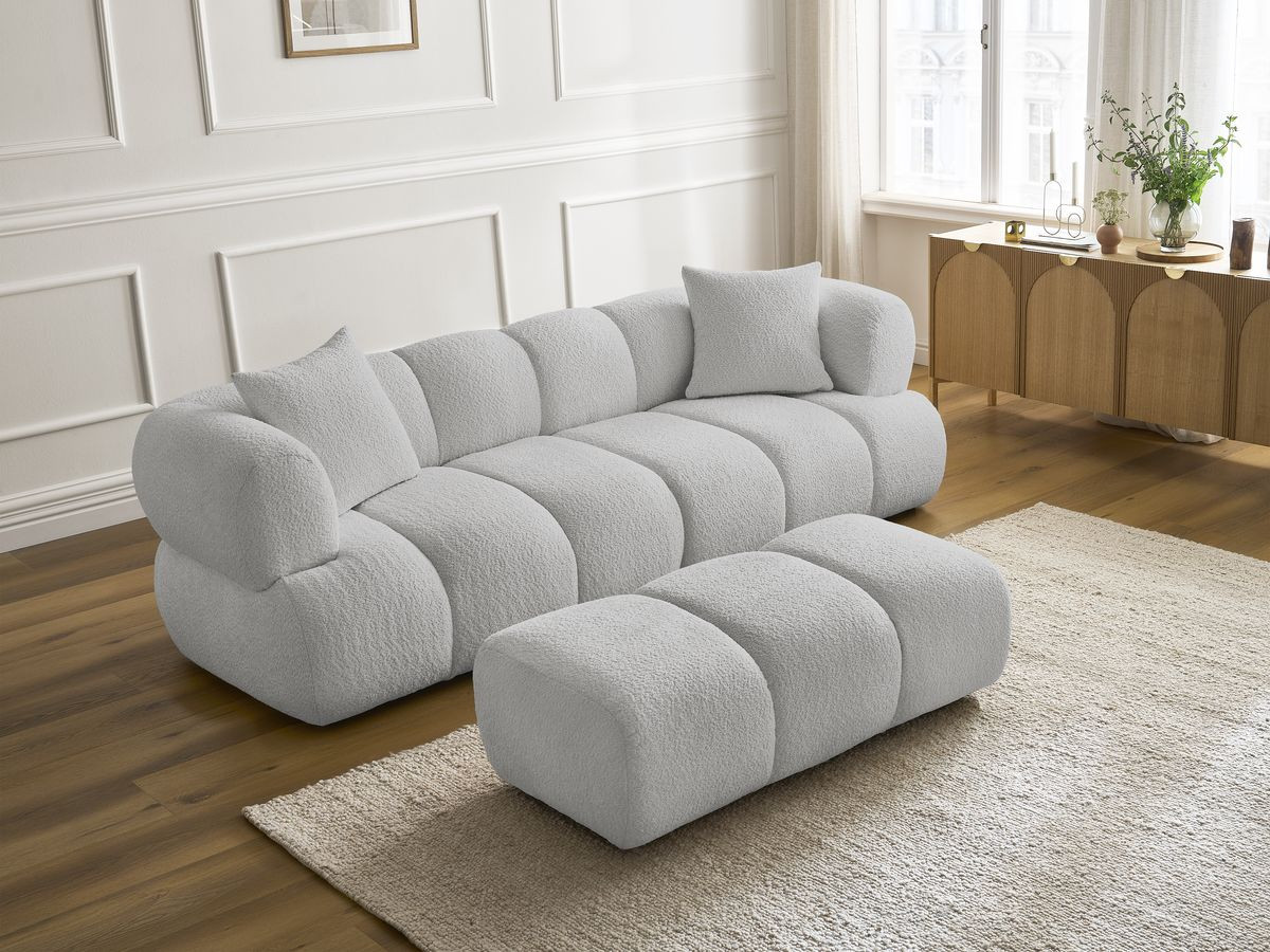 Bobochic Pamira Sofa 3-Sitzer mit Pouf Bouclé-Stoff Hellgrau