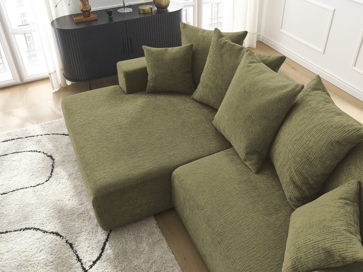 Bobochic Atilla Ecksofa mit Schlaffunktion und Bettkasten Strukturstoff Grün Ecke links