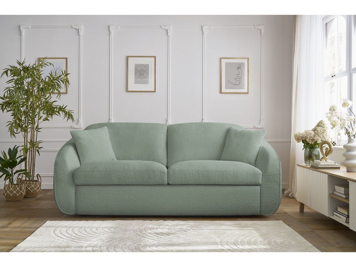 Bobochic Cezanne Schlafsofa 3-Sitzer Bouclé-Stoff Grün, Liegefläche 140 × 194 cm