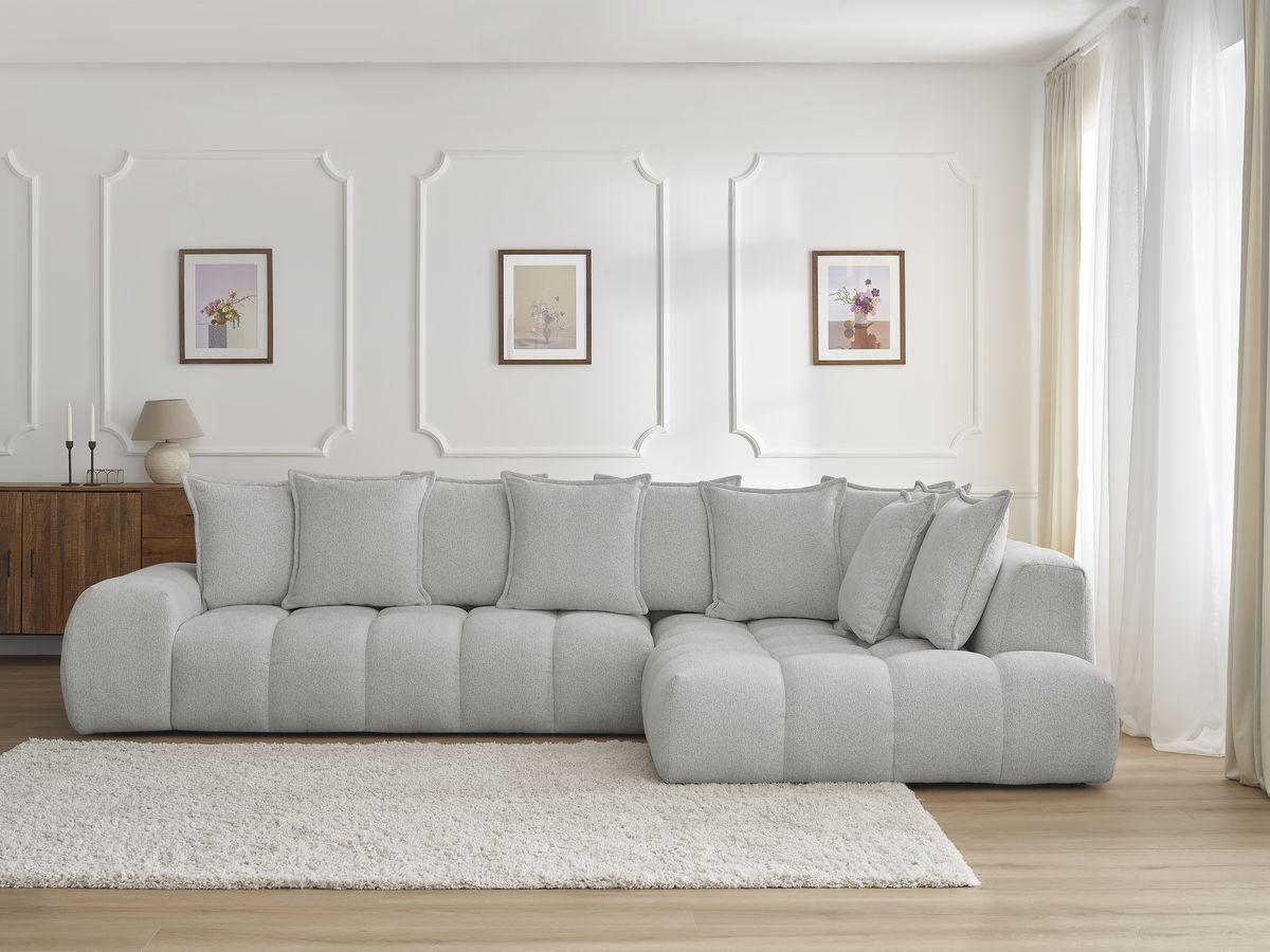 Bobochic Everest Ecksofa, 10 Kissen Melange-Stoff Hellgrau Ecke rechts