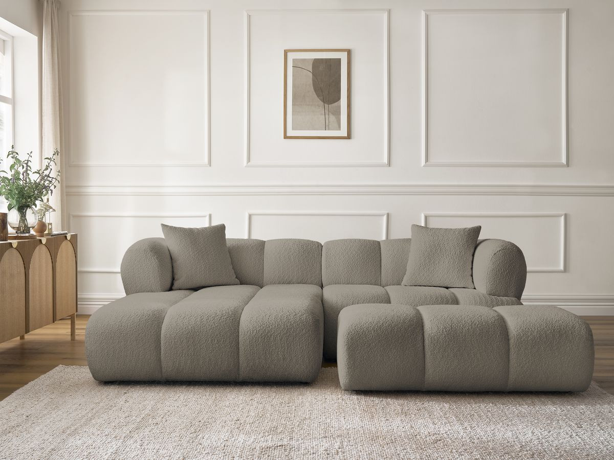 Bobochic Pamira Ecksofa mit Pouf Bouclé-Stoff Taupe Ecke links