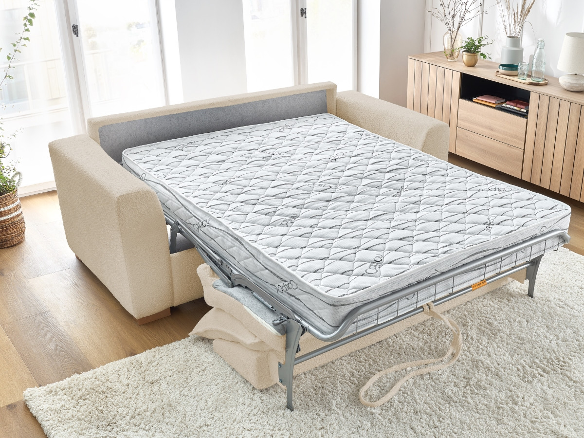 Bobochic Augustin Schlafsofa 3-Sitzer Bouclé-Stoff Beige, Liegefläche 160 × 200 cm