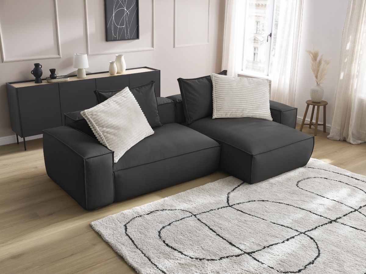 Bobochic Boheme Ecksofa, 3 Kissen Kunstleder Schwarz