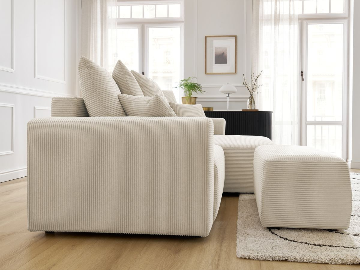 Bobochic Atilla Ecksofa mit Schlaffunktion und Bettkasten und Pouf Cordsamt Beige Ecke rechts
