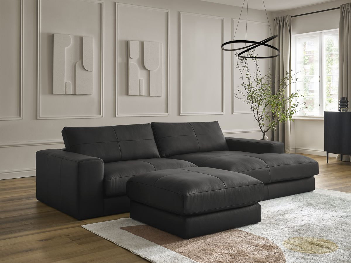 Bobochic Leonard Ecksofa mit Pouf 274 × 159 cm Leder Schwarz Ecke rechts