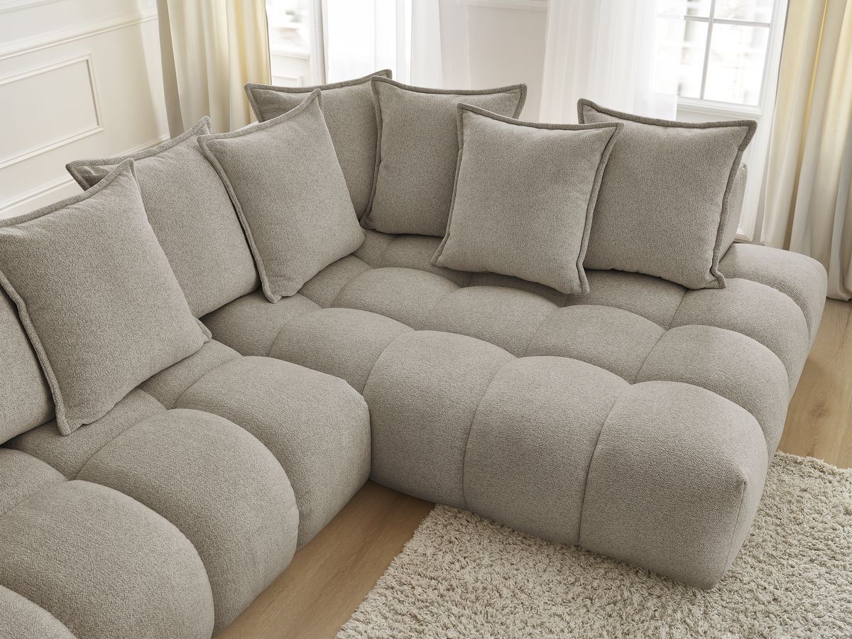 Bobochic Everest Ecksofa, 10 Kissen Melange-Stoff Taupe Ecke rechts