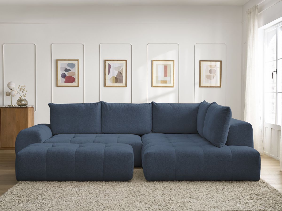 Bobochic Everest Ecksofa mit Schlaffunktion und Bettkasten und Pouf 320 × 212 cm, 5 Kissen Melange-Stoff Dunkelblau Ecke rechts