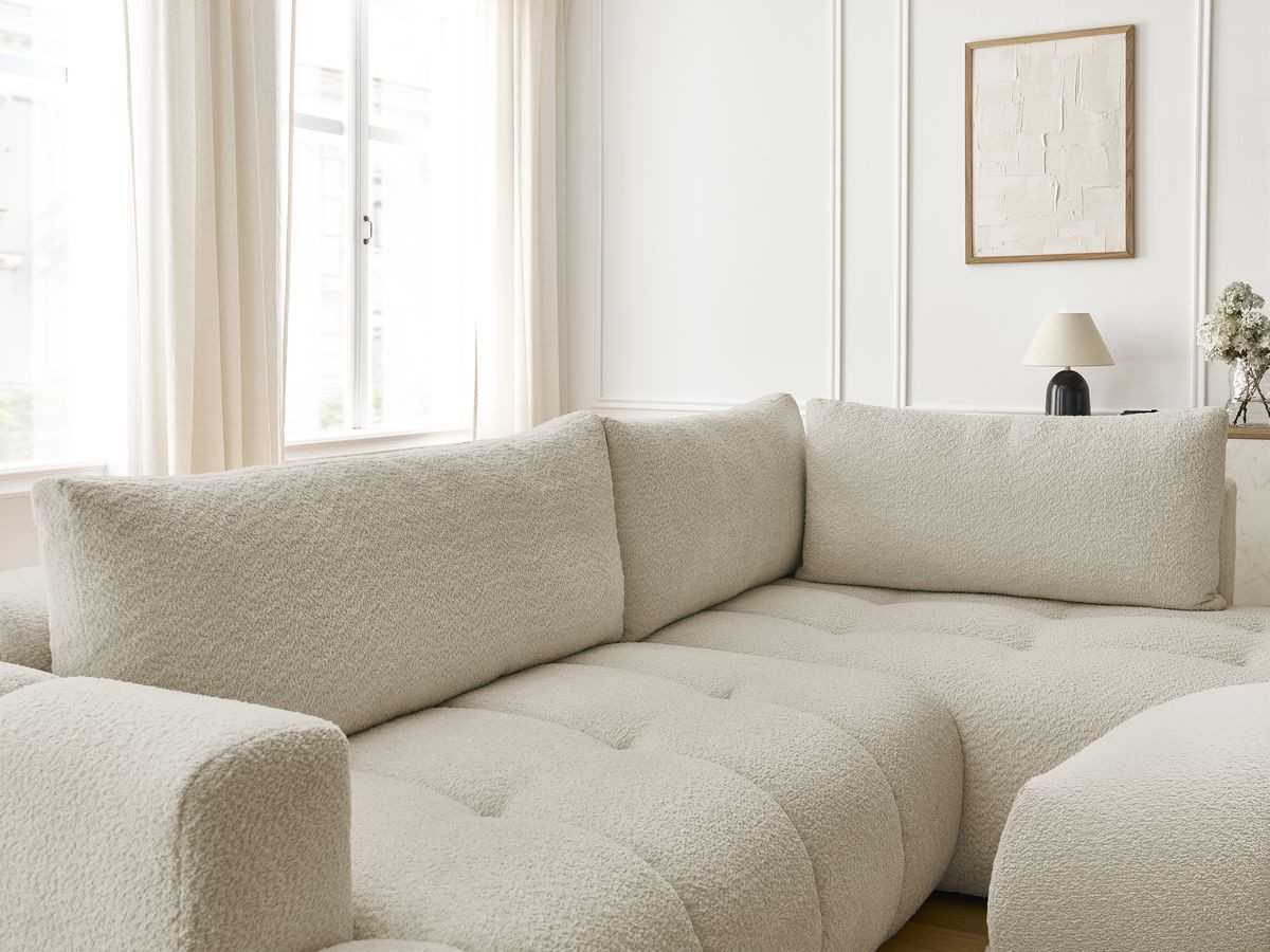 Bobochic Fuji Ecksofa mit Schlaffunktion und Bettkasten und Pouf 282 × 204 cm Bouclé-Stoff Beige Ecke rechts
