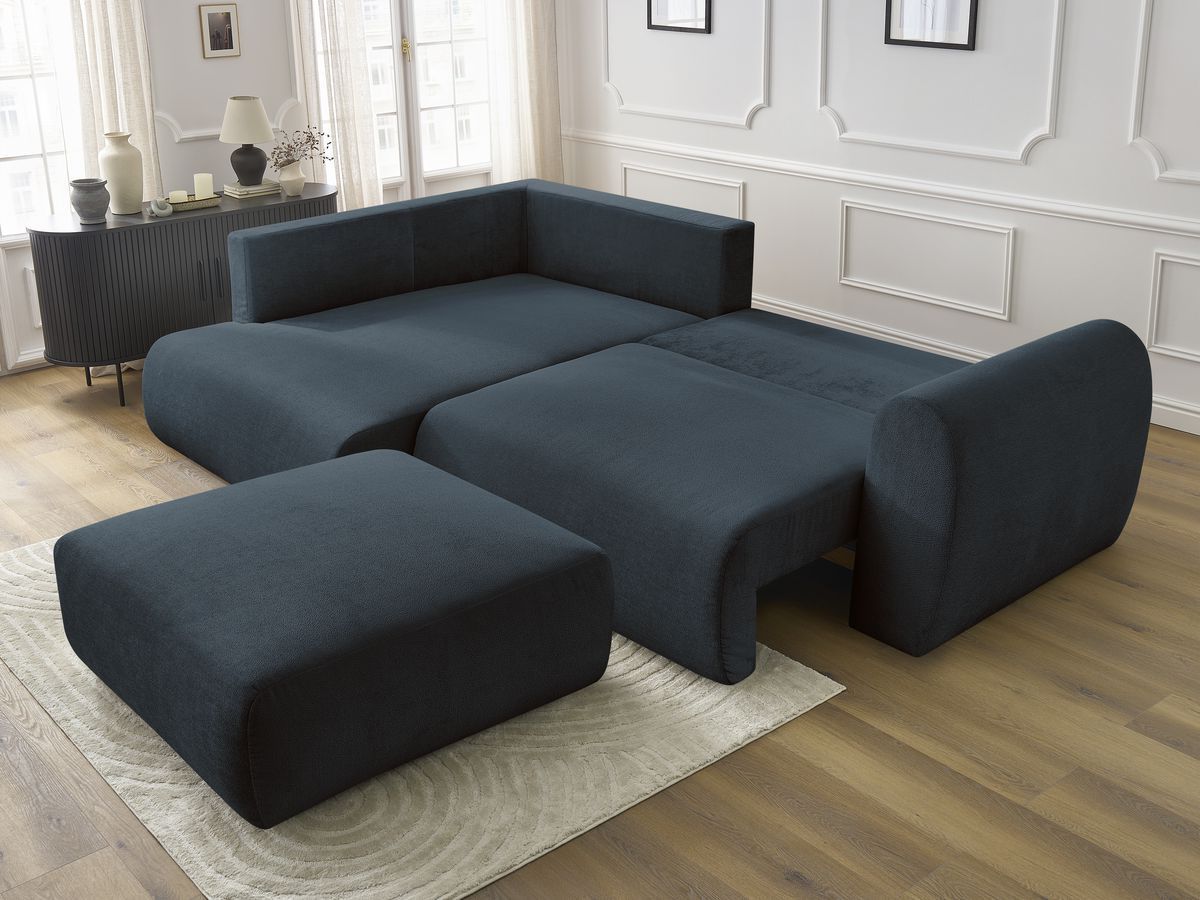 Bobochic Lucien Ecksofa mit Schlaffunktion und Bettkasten und Pouf 296 × 198 cm Stoff Dunkelblau Ecke links