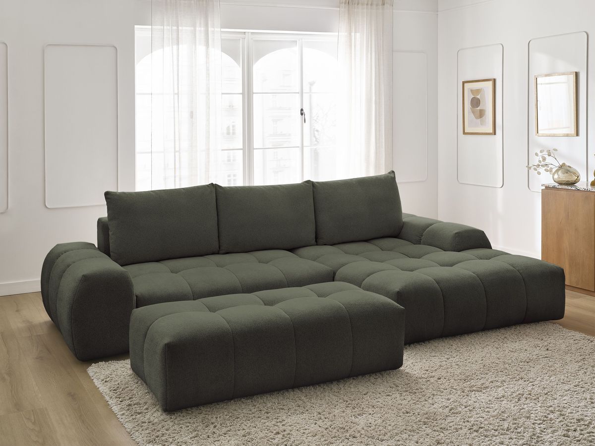 Bobochic Everest Ecksofa mit Schlaffunktion und Bettkasten und Pouf 318 × 180 cm, 3 Kissen Melange-Stoff Grün Ecke rechts