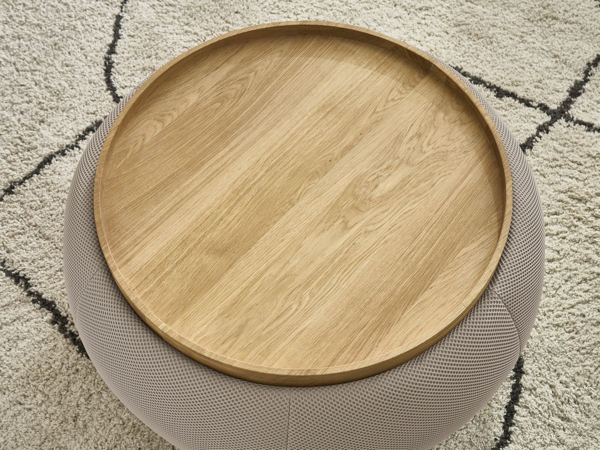 Bobochic Hayden Pouf mit Tablett, rund Mesh-Stoff Taupe, 77 cm