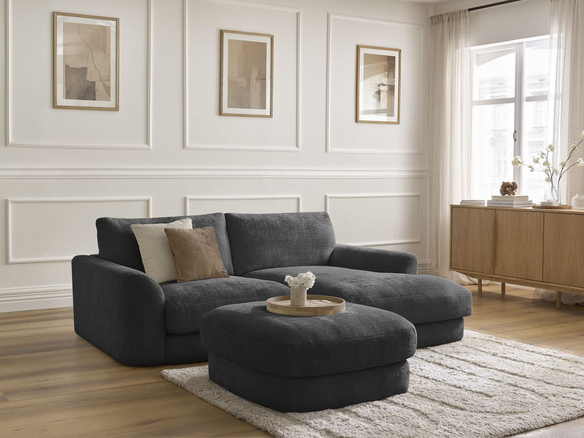 Bobochic Leonore Ecksofa mit Pouf Strukturstoff Schwarz Ecke rechts