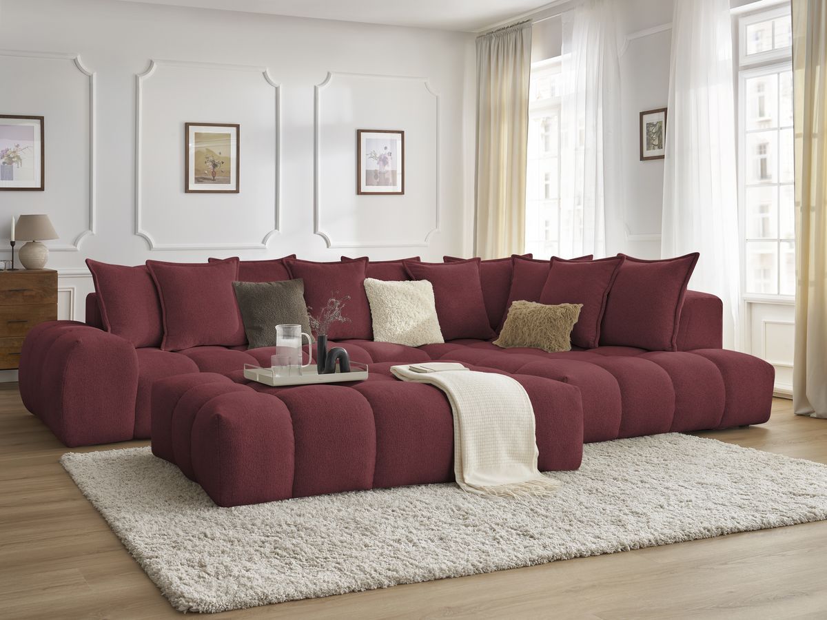 Bobochic Everest Ecksofa mit Schlaffunktion und Pouf, 10 Kissen Melange-Stoff Rot Ecke rechts
