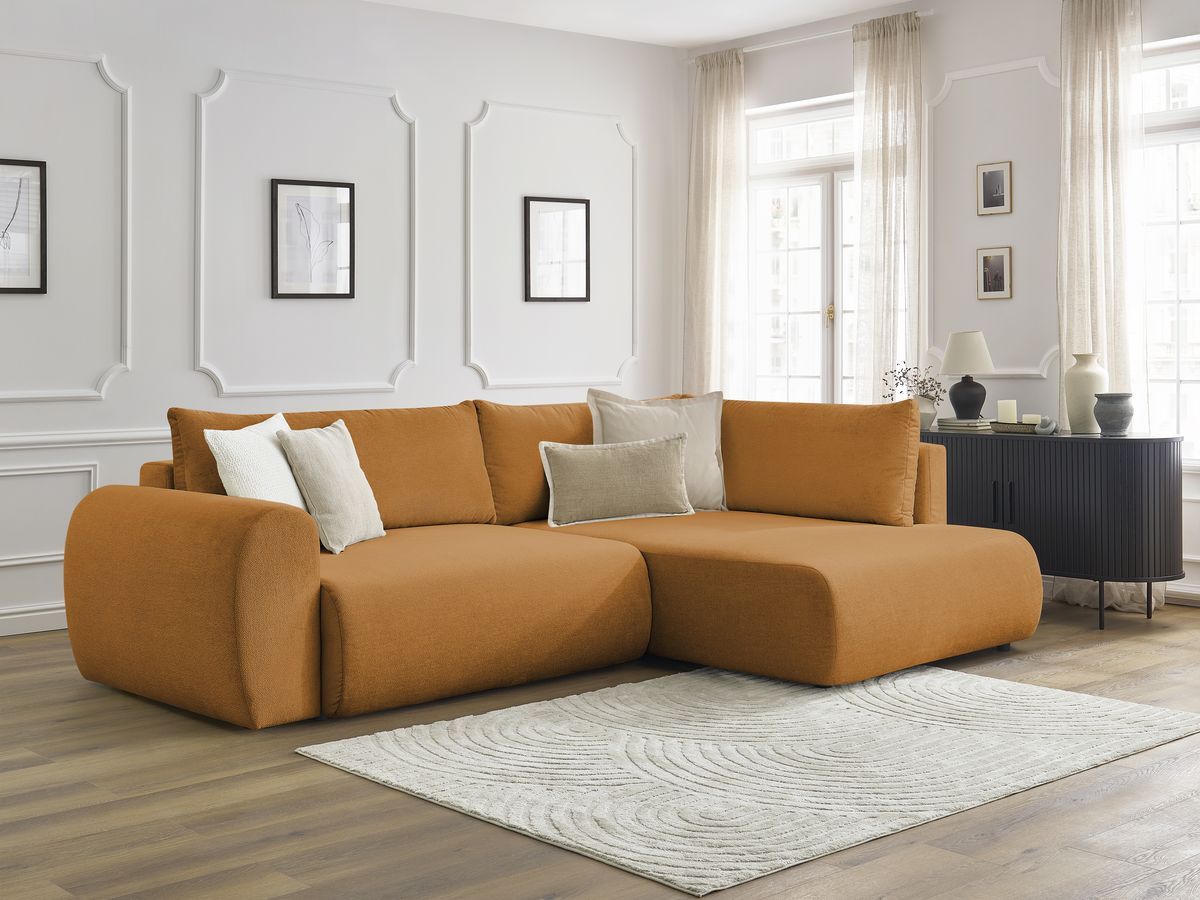 Bobochic Lucien Ecksofa mit Schlaffunktion und Bettkasten 296 × 198 cm Stoff Gelb Ecke rechts