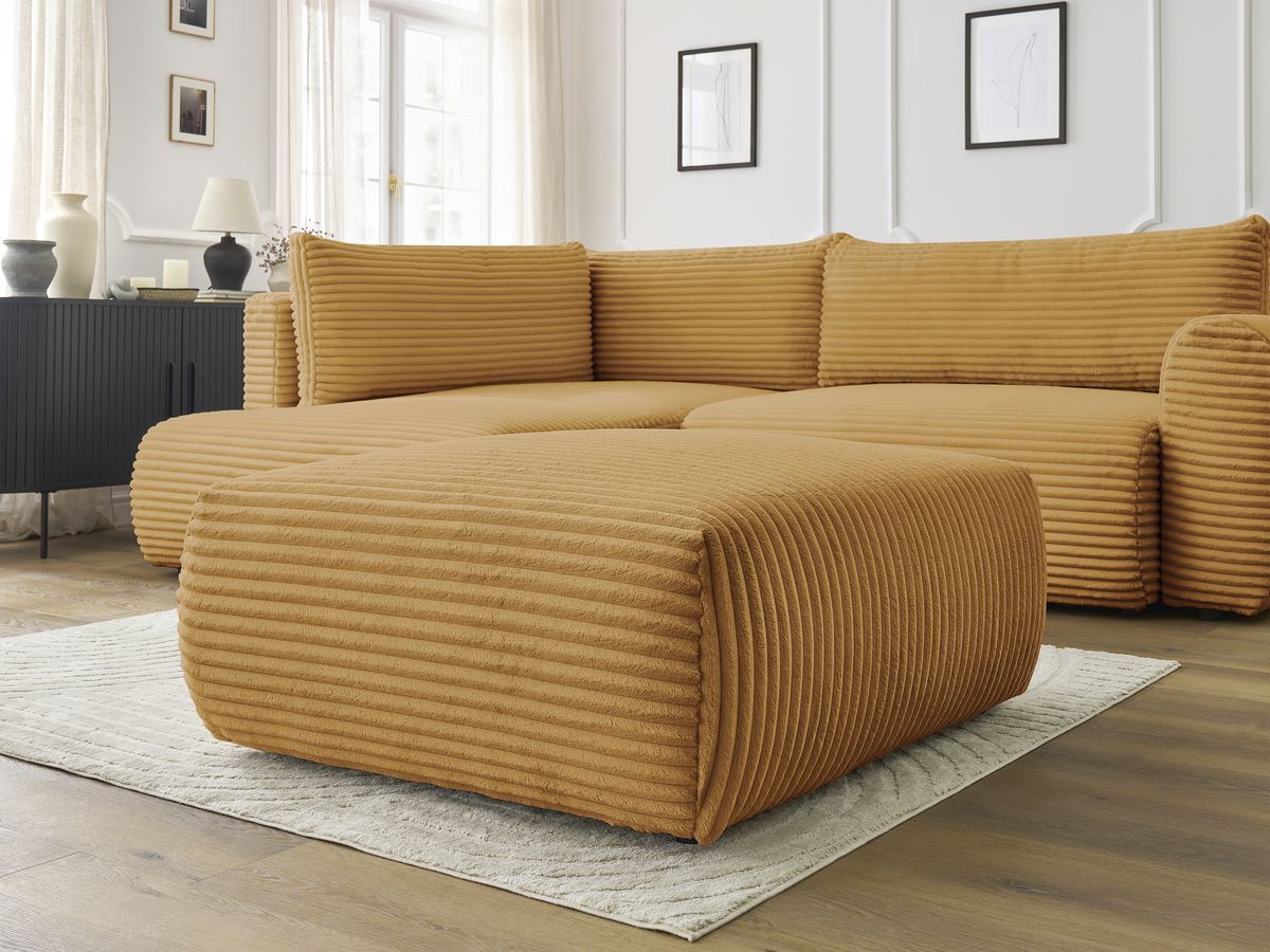 Bobochic Lucien Ecksofa mit Schlaffunktion und Bettkasten und Pouf 296 × 198 cm Breitcord weich Gelb Ecke links