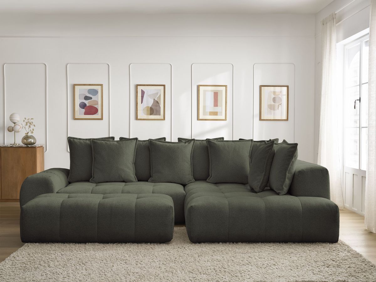 Bobochic Everest Ecksofa mit Schlaffunktion und Bettkasten und Pouf 320 × 212 cm, 10 Kissen Melange-Stoff Grün Ecke rechts