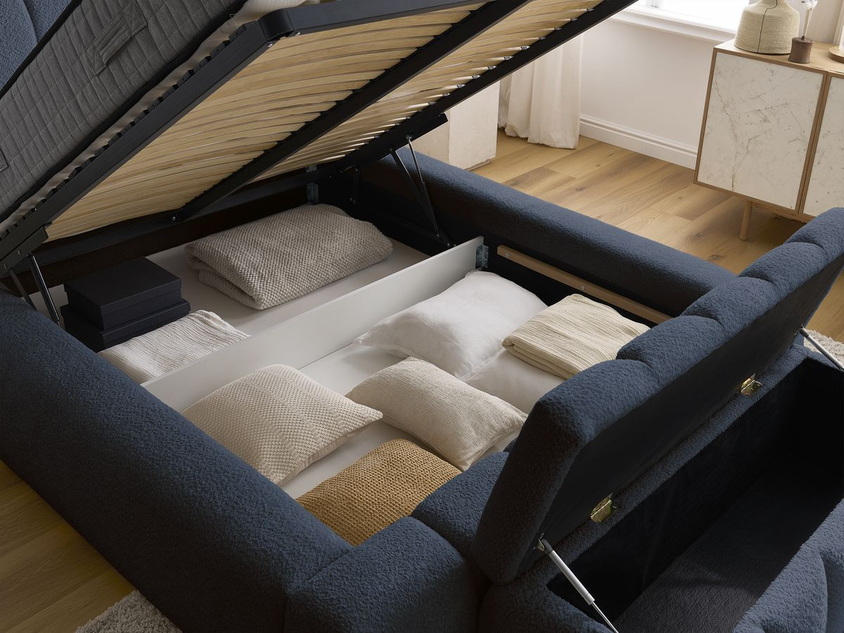 Bobochic Denali Polsterbett mit Bettkasten mit Bettbank Bouclé-Stoff Dunkelblau, Liegefläche 140 × 190 cm