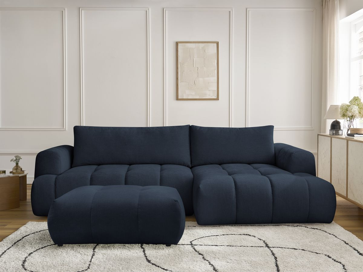 Bobochic Fuji Ecksofa mit Schlaffunktion und Bettkasten und Pouf 292 × 160 cm Stoff Dunkelblau Ecke rechts