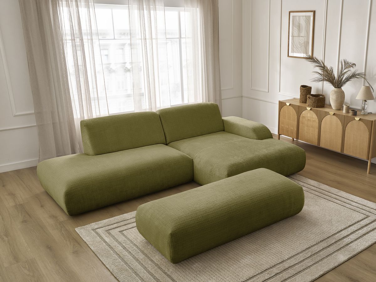 Bobochic Sirius Ecksofa mit Pouf 300 × 170 cm Strukturstoff Grün Ecke rechts