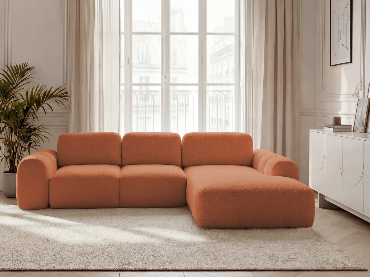 Bobochic Montaigne Ecksofa mit Schlaffunktion und Bettkasten 288 × 196 cm Bouclé-Stoff Orange Ecke rechts