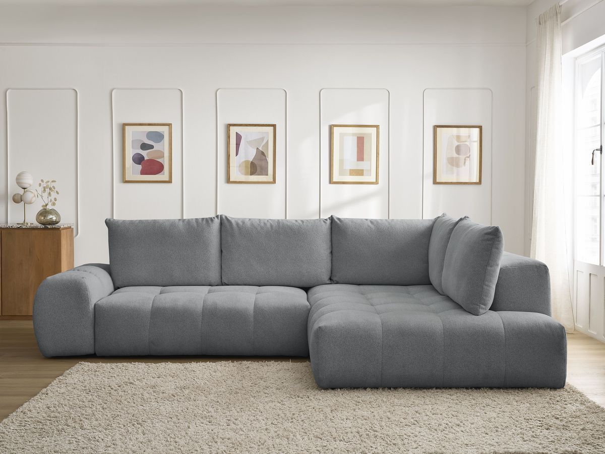 Bobochic Everest Ecksofa mit Schlaffunktion und Bettkasten 320 × 212 cm, 5 Kissen Melange-Stoff Dunkelgrau Ecke rechts