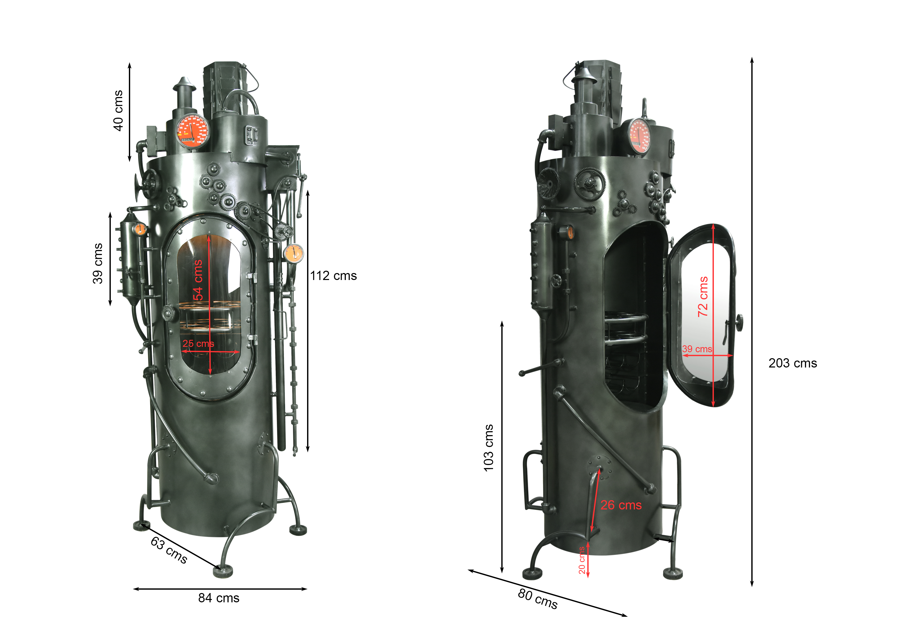 Möbelfaktor SteamVault Industrial-Barschrank aus Metall – Maßzeichnung mit Höhe 203 cm, Breite 84 cm und Tiefe 63 cm