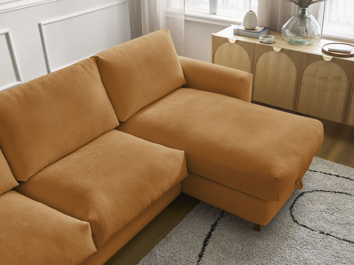 Bobochic Cocoone Ecksofa mit Schlaffunktion und Bettkasten Stoff Gelb, Liegefläche 160 × 200 cm