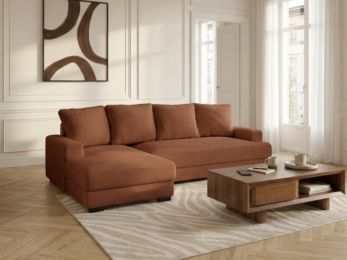 Bobochic Campi Ecksofa mit Schlaffunktion und Bettkasten Cordsamt Orange Ecke links