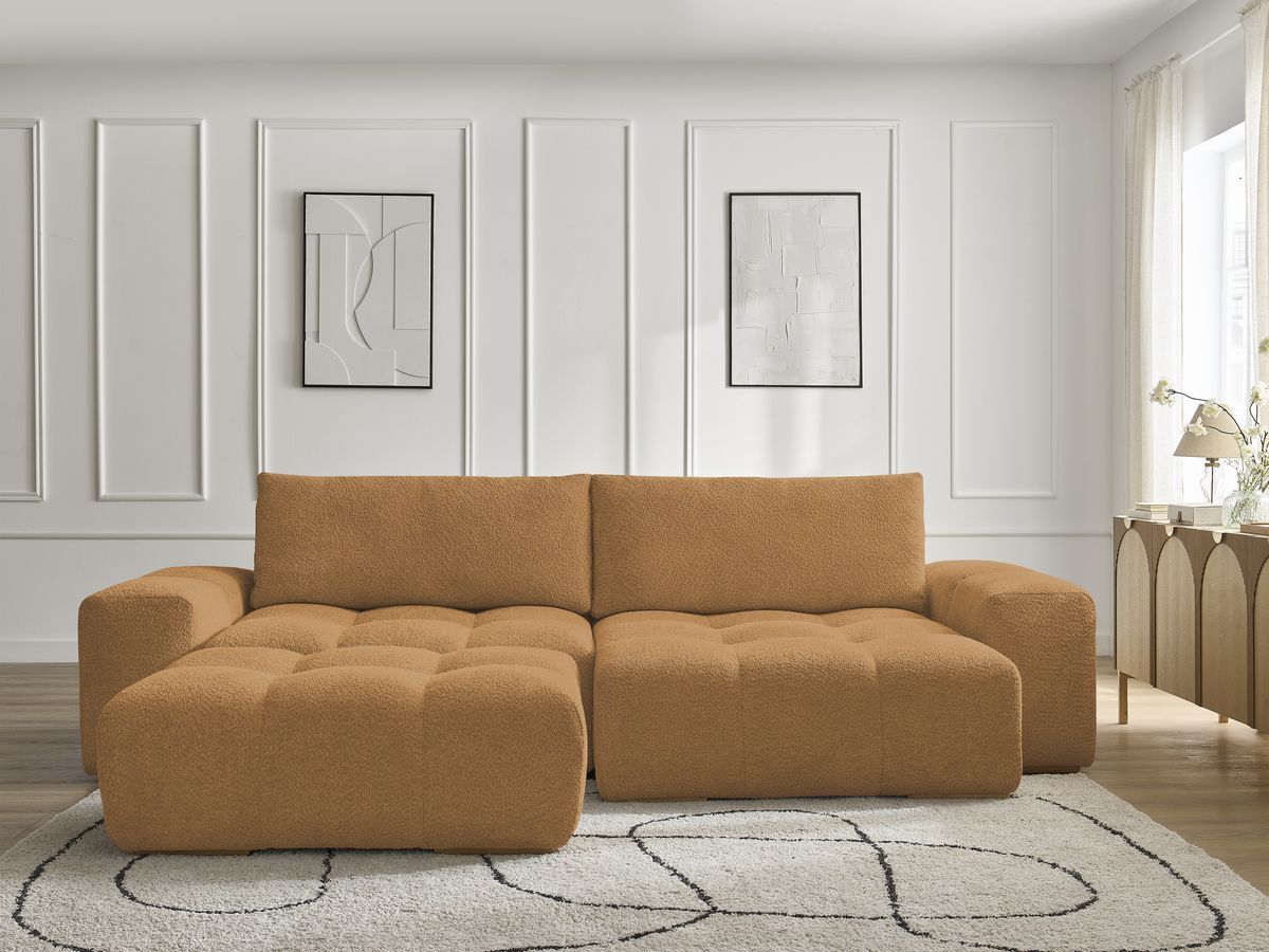 Bobochic Anakin Ecksofa mit Pouf, 2 Kissen Bouclé-Stoff Gelb