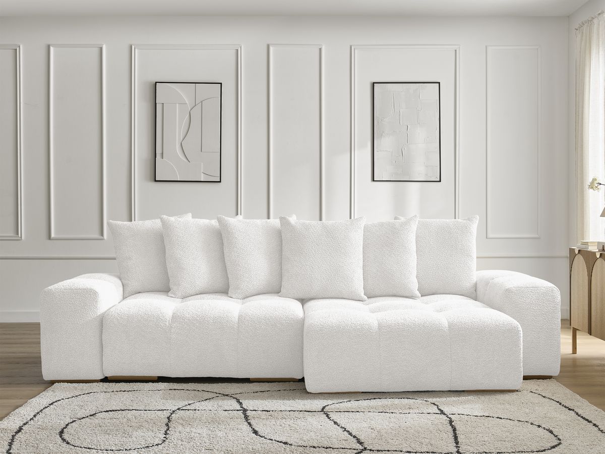 Bobochic Anakin Ecksofa mit Schlaffunktion und Bettkasten, 6 Kissen Bouclé-Stoff Weiß
