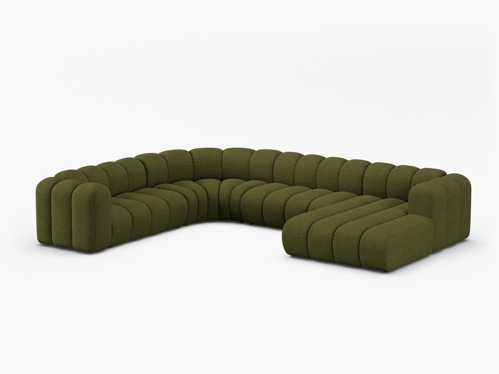 Micadoni Modulares Panorama Ecksofa Lupine 6-Sitzer Links Boucle Baloo Dunkel-Olivgrün