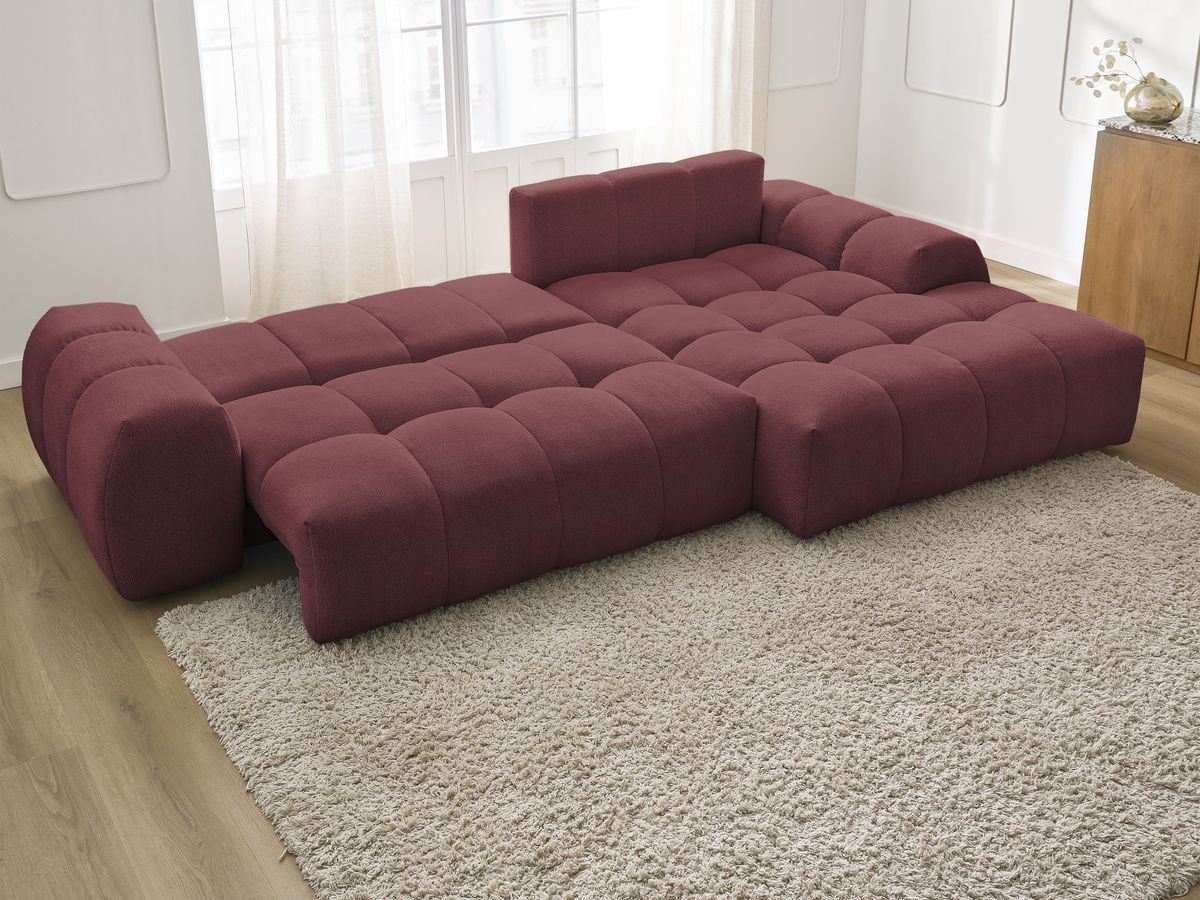 Bobochic Everest Ecksofa mit Schlaffunktion und Bettkasten 318 × 180 cm, 7 Kissen Melange-Stoff Rot Ecke rechts